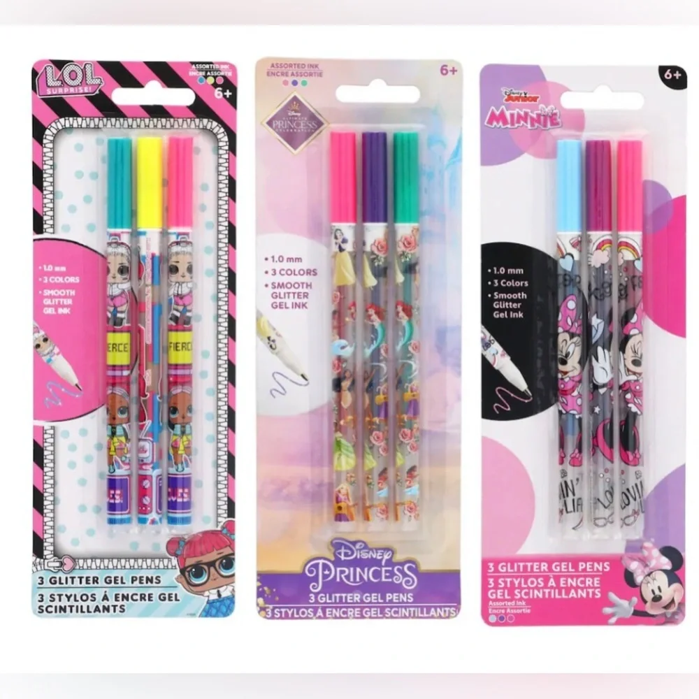 9 glitter gel pens- 3 LOL Surprise, 3 Disney Mickey Mouse, 3 Disney Princess new